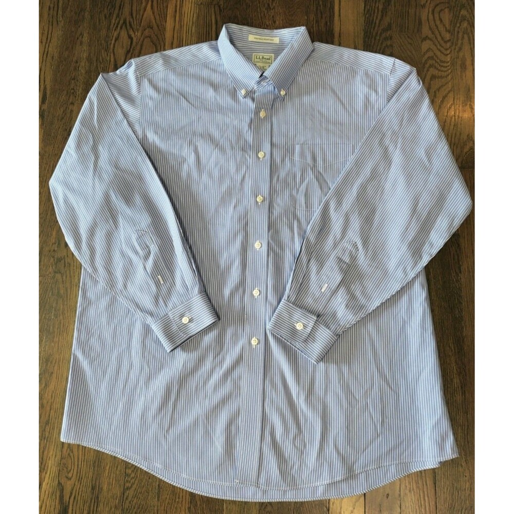 L.L. Bean Button Down Shirt Men's 17-34 Blue Striped Long Sleeve Wrinkle Free